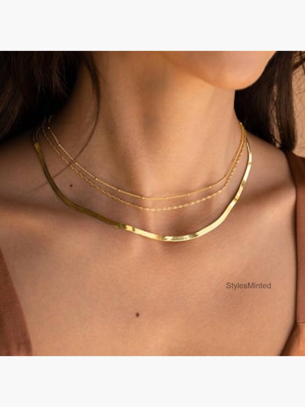 14k Gold Plated Snake Chain Choker Necklace Set 3 Layer Herringbone - Picture 2 of 7